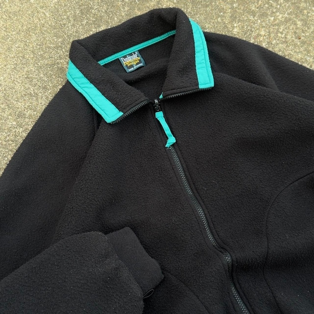 Vintage Dunbrooke Full Zip Fleece Jacket Black Teal Trim Mens Large D4